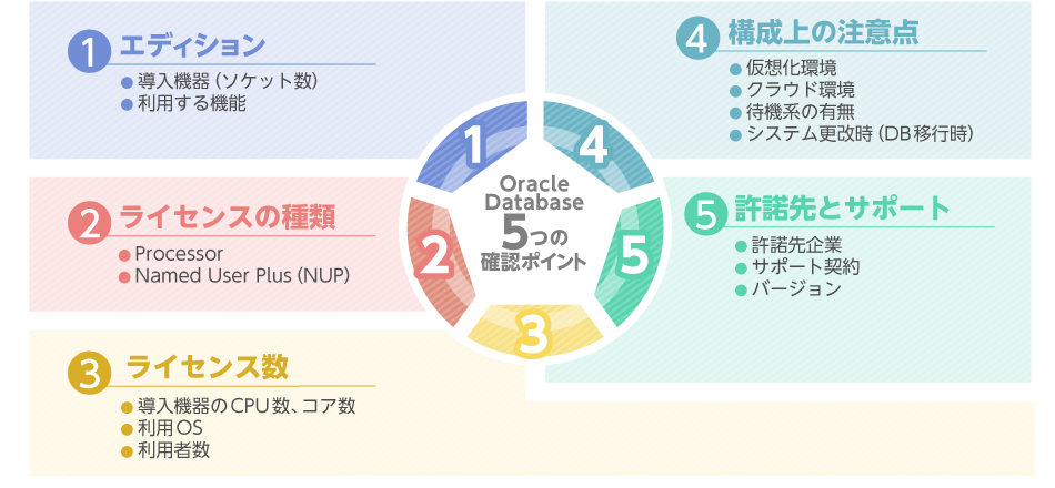 Oracle Database5つの確認ポイントーOracle Databaseのエディション、ライセンスの種類、ライセンス数、利用環境、許諾先とサポート